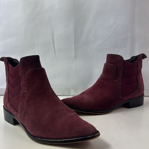 Rebecca Minkoff Jacy Suede Leather Burgundy Pointed Toe Women’s Ankle Boots - Picture 3 of 16